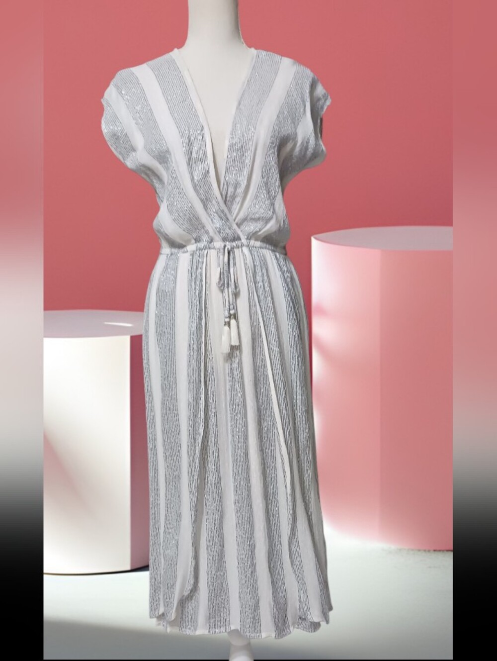 Blue Island Dress Striped Sleeveless Elastic Waist Off White & Silver Metallic S